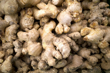 A pile of fresh ginger in a supermarket in Indonesia