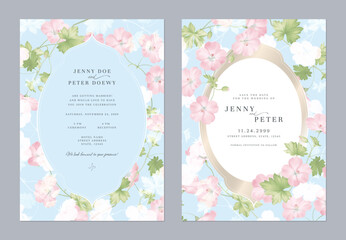 Wedding invitation and save the date template set of elegant pink Geranium Mavis Simpson flowers and leaves on a soft blue background
