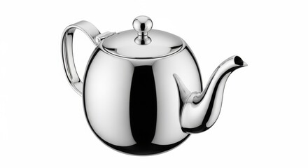 Obraz premium Polished stainless steel teapot with a classic round body and curved spout isolated on white background