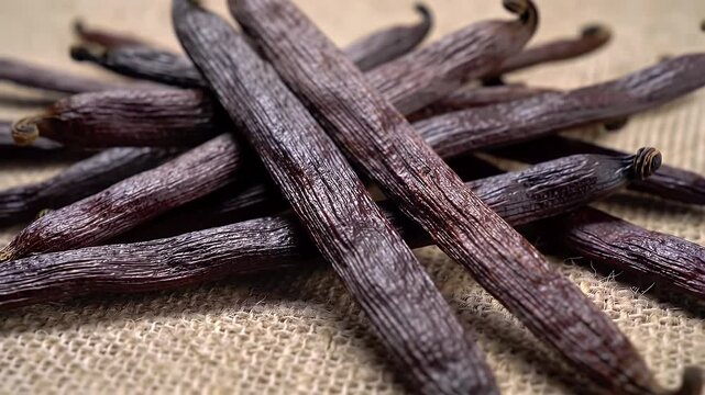 Close Up Of Black Vanilla Beans On Burlap For An Aromatic Cooking Spice And Sweet Gourmet Ingredient Still Life