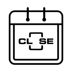 Minimalist outline icon of a calendar showing the word "CLOSE", indicating closed hours, unavailability, or business closure.