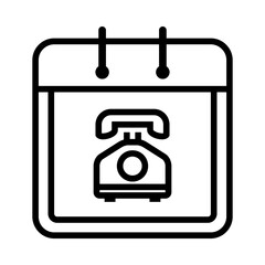 Black and white outline of a calendar with a classic telephone, representing scheduled phone calls or telecommunication events. Design vector symbol illustration.