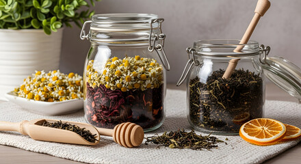 Cozy Tea Refill Station with Loose Leaf Blends and Bamboo Scoop