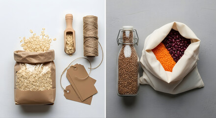 Flatlay showing a paper bag of oats, a wooden scoop, kraft paper tags, twine roll, and a cloth bag with dried beans. Rustic and eco-conscious, styled with soft shadows and earthy tones.