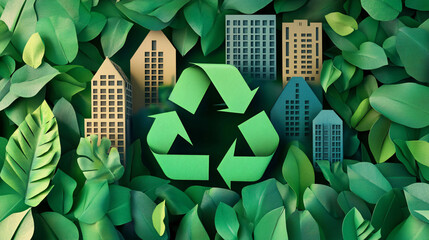 Recycle Symbol with many building and green leaves, save the planet and energy concept, Generative ai