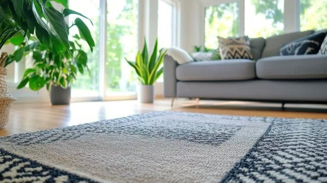 Cozy living room featuring patterned rug on wooden floor, gray sofa with cushions, green potted plants by large window, natural light enhancing interior home ambiance and comfort