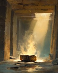 Ancient chamber, warm light, stone basin