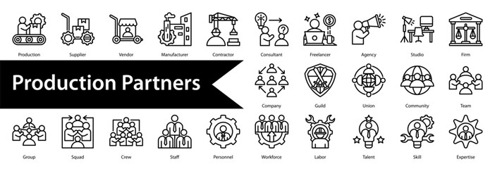 Production Partners Icon Collection and Set Containing: Bank,Investor,Lender,Venture,Capital,Fund,Credit,Mortgage,Loan,Debt,Bond,Stock,Share,Dividend,Insurance,Production,Supplier,Vendor,Manufacturer