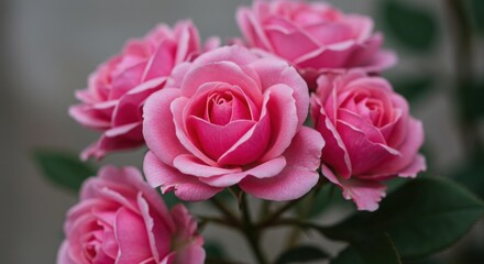 Photo of a closeup of beautiful pink roses in full bloom is captured