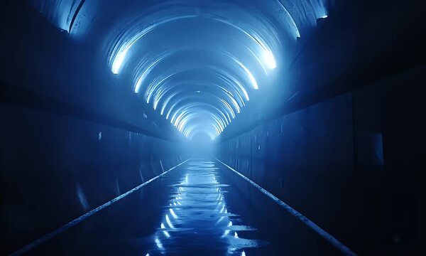 A dark, futuristic tunnel with blue neon lights and a misty atmosphere, creating an immersive sci-fi scene. The tunnel is symmetrical in shape, featuring circular or oval designs on the walls and ceil