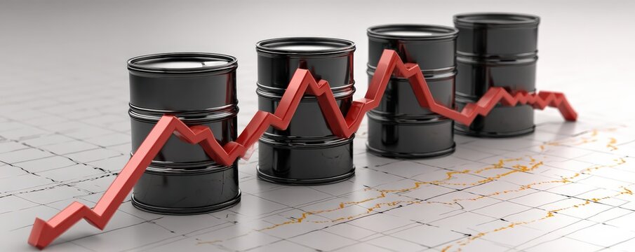 Black oil barrels with a fluctuating red line graph indicating changing oil prices or market trends.