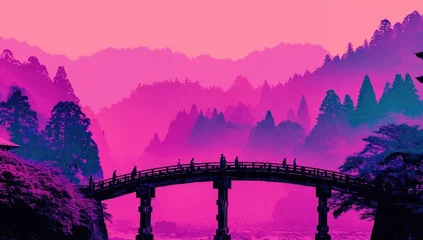 Fototapeten Misty, vibrant landscape with a bridge © hits