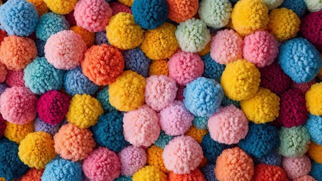 Colorful round pom pom balls made of soft yarn with bright texture create cheerful handmade craft decoration perfect for vibrant and playful projects