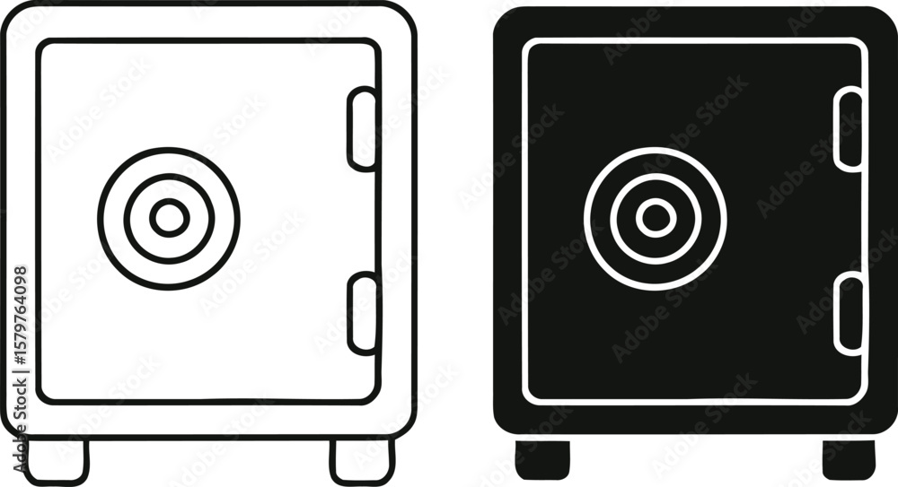 Poster simple line art and solid black icons of a safe with a circular dial