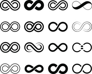 Collection of diverse infinity symbol designs in black and white