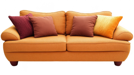 Orange Sofa With Colorful Cushions On Transparent Background