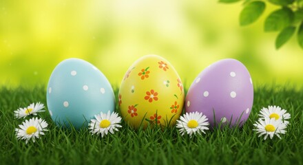 Photo of three colorful easter eggs sit in the grass with white daisies