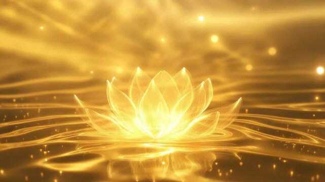 Glowing golden lotus flower with bright shining light and abstract spiritual reflection on water surface creating peaceful, elegant, and magical atmosphere full of tranquility and beauty