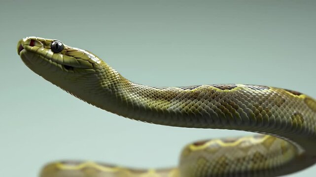 Detailed Python Close Up with Brown and Beige Pattern on Light Green Background