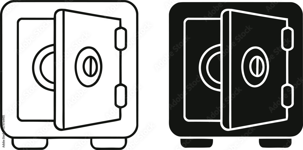 Poster two simple icons of an open safe one in outline and one in solid black