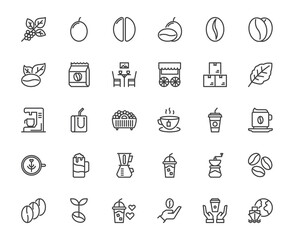 Simple vector coffee bean and coffee cup outline icon collection white isolate background, concept of food and drink restaurant 48x48 pixel perfect icon editable stroke for web, app, media design