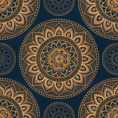  Intricate mandala design with symmetrical floral elements in warm red, teal, and gold tones on a beige background.
