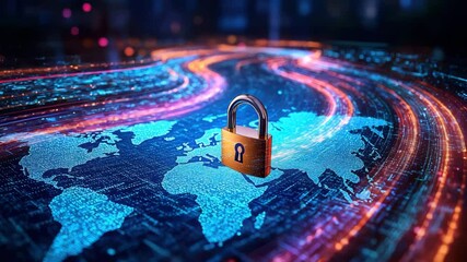 Digital security concept featuring padlock and flowing data streams glowing world map, symbolizing global cybersecurity, network protection, and advanced digital technology for secure data environment - Powered by Adobe