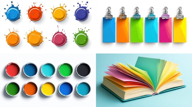 Colorful imagery featuring paint splatters, clipped tags, paint tins, and an open book with vibrant pages