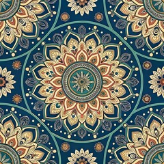  Intricate mandala design with symmetrical floral elements in warm red, teal, and gold tones on a beige background.

