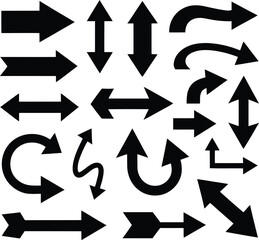 Black arrow silhouette collection. Vector icon set of various directional pointers, including straight, curved, circular, and double-headed arrows for navigation and design.