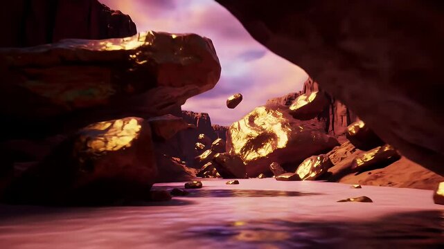Dramatic Golden Rocks In Valley Scenery Featuring Canyon Walls Pink Sky and Reflective Water Surfaces for Adobe Stock