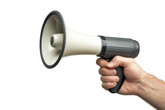 A white megaphone is held by a hand against a stark transparent background, suitable for announcements, promotions, or urgent messages, silhouette - Powered by Adobe