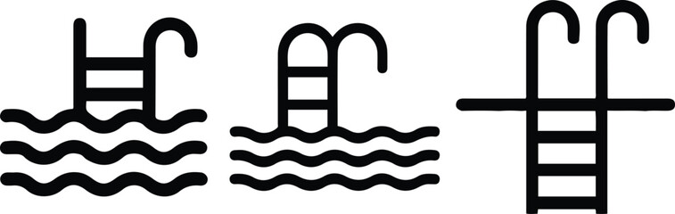 Swimming Pool Icon Set. Ladder and Water Line Art Symbols.