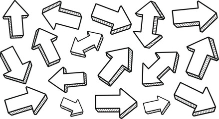 hand drawn 3d arrows set in a doodle style. collection of sketched pointers in various directions. black and white outline vector illustration for navigation and design elements.