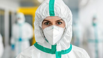 Protective suit face mask healthcare worker medical uniform personal protective equipment safety gear hospital staff pandemic virus protection medical professional full body PPE hospital corridor