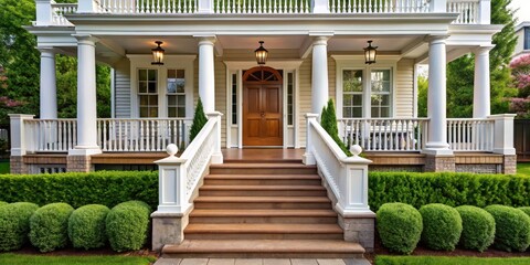 Elegant house entrance featuring ornate white railings supported by sturdy wooden columns