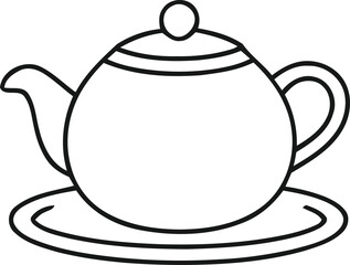 Simple black line drawing of a teapot with a lid and saucer on a white background