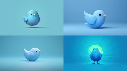 Four cute, stylized blue birds in various poses against a cyan background