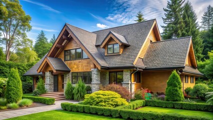 A modern house with a cedar shake roof stands out against the lush green summer foliage