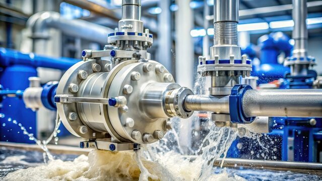 Close-up of industrial diaphragm pump in operation with liquid flowing through it