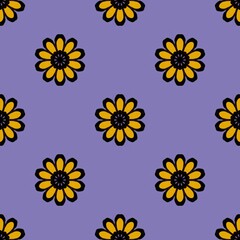 Yellow and black floral seamless pattern on purple background.