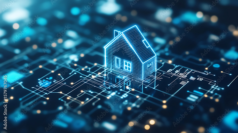 Poster a house is shown in a computerized image, with a blue and white color scheme. the house is surrounde