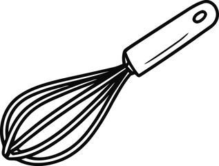 Simple black and white line drawing of a kitchen whisk on a white background