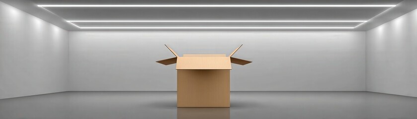 A minimalist, empty gallery room with modern ceiling lights, featuring an open cardboard box with flaps resembling ears or horns on the floor.