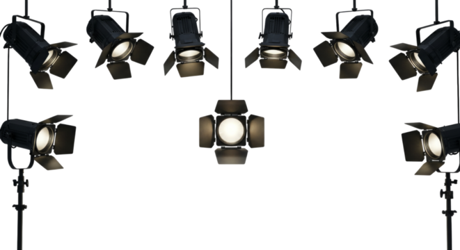 Studio Lighting Fixtures Arranged on Black Backdrop - Powered by Adobe