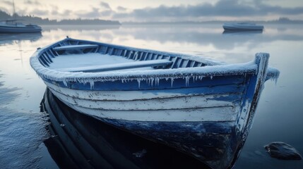Aged boat on calm icy water with reflective surface, surrounded Close-up winter in the ice