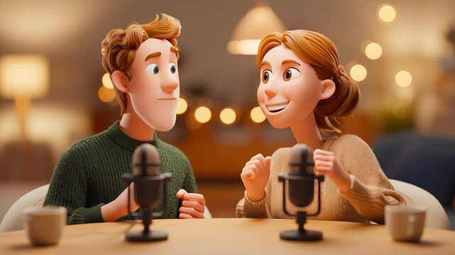 3D cartoon illustration of two cheerful people recording a podcast with microphones in cozy indoor setting with warm lights and coffee cups. Concept of content creation and friendly conversation
