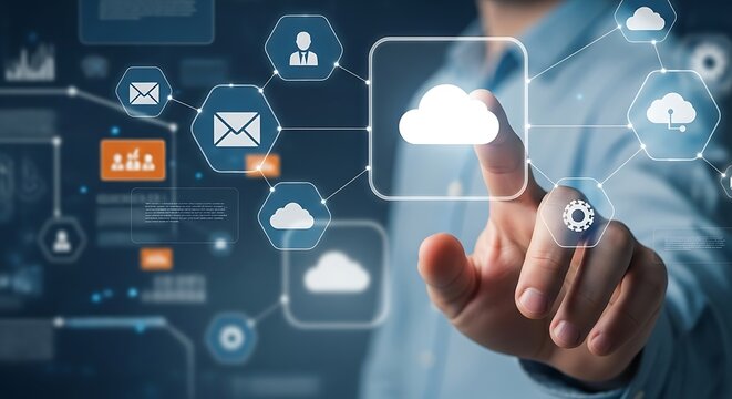 Man touching digital cloud network interface technology - Powered by Adobe