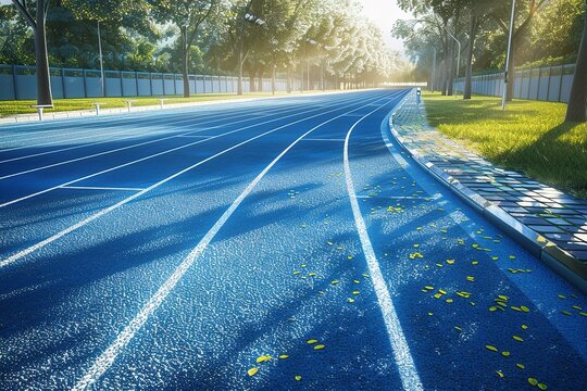 Blue running track with white lines surrounded by trees and green grass landscape