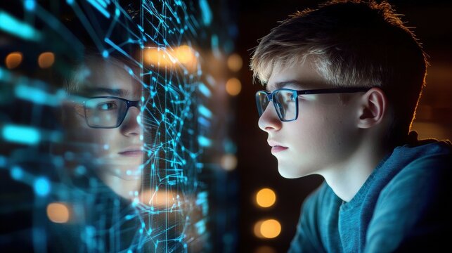 Collaborative teamwork of two men in server room with futuristic handsome businessman working